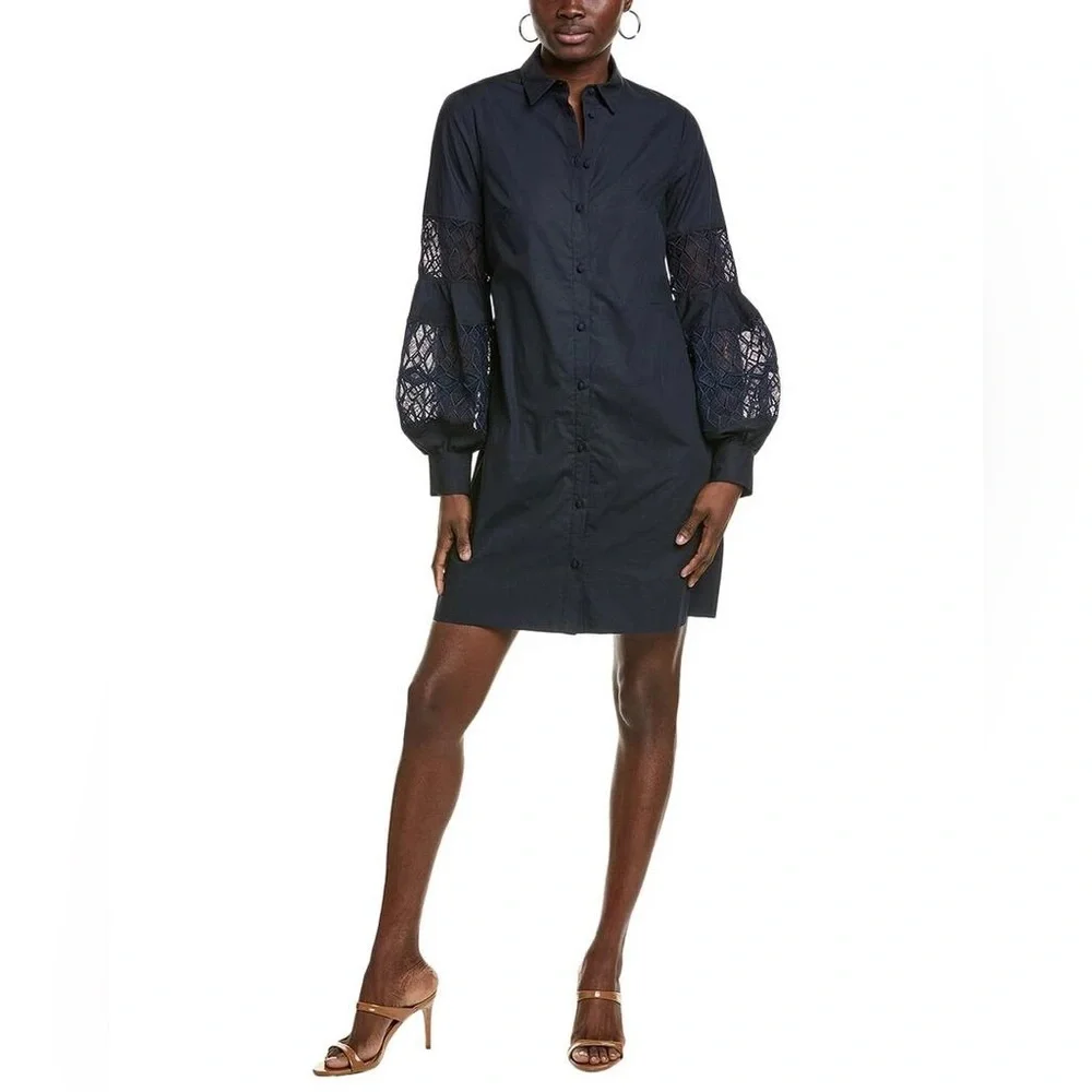 NWT LELA ROSE Poplin Lace Inset Shirt Dress Navy - Picture 1 of 8